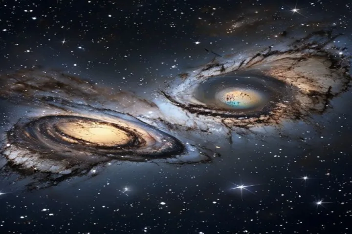 Simulazione di due galassie a spirale in fusione nello spazio profondo, con bracci stellari che si intrecciano.