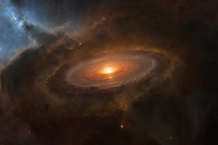 Illustrazione realistica di una protostella circondata da gas e polveri in una nebulosa.