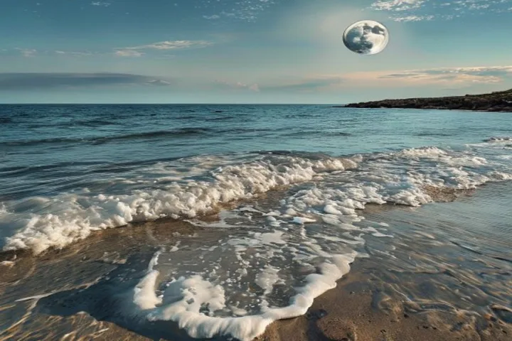Spiaggia adriatica in bassa marea: sabbia bagnata, pozze d'acqua naturali e Luna visibile nel cielo diurno.