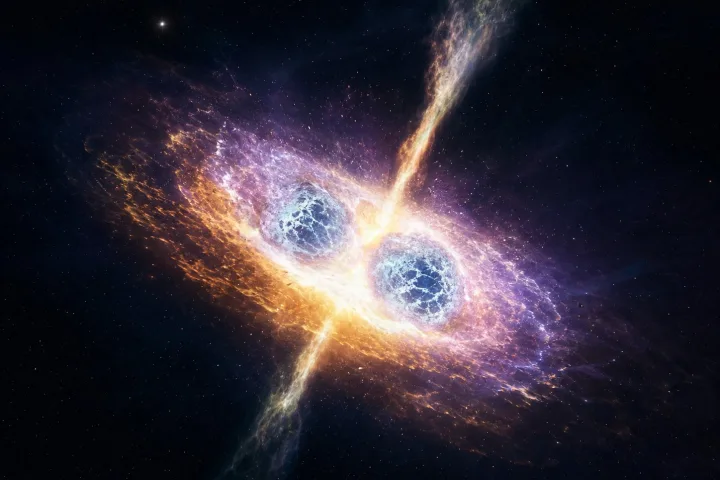 Rappresentazione artistica della collisione tra due stelle di neutroni, immagine scientifica