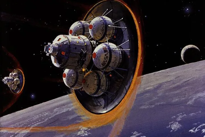 Stazione spaziale in orbita intorno alla Luna, rappresentazione realistica