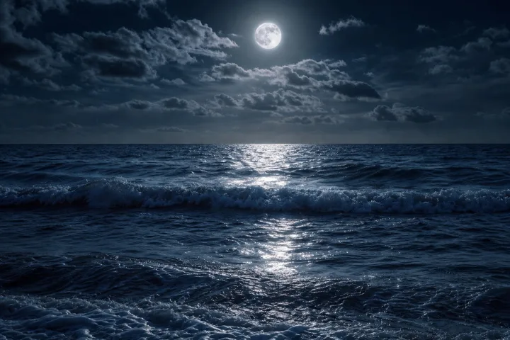Onde e marea oceanica al chiaro di luna, fotografico