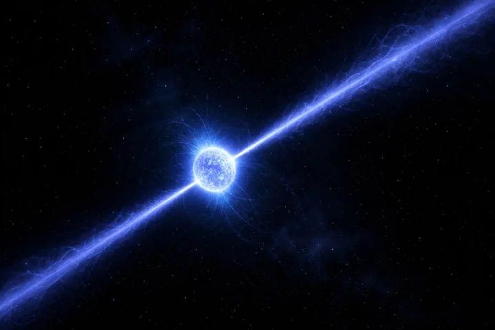 Rappresentazione di una stella di neutroni con fasci di radiazione, immagine scientifica