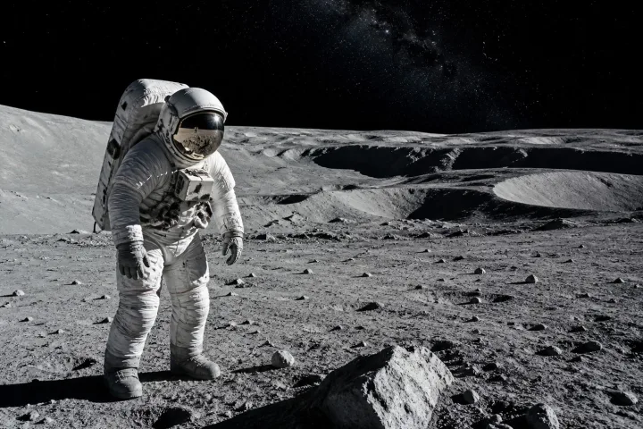 Rappresentazione artistica di astronauti del programma Artemis sulla superficie della Luna, immagine scientifica NASA