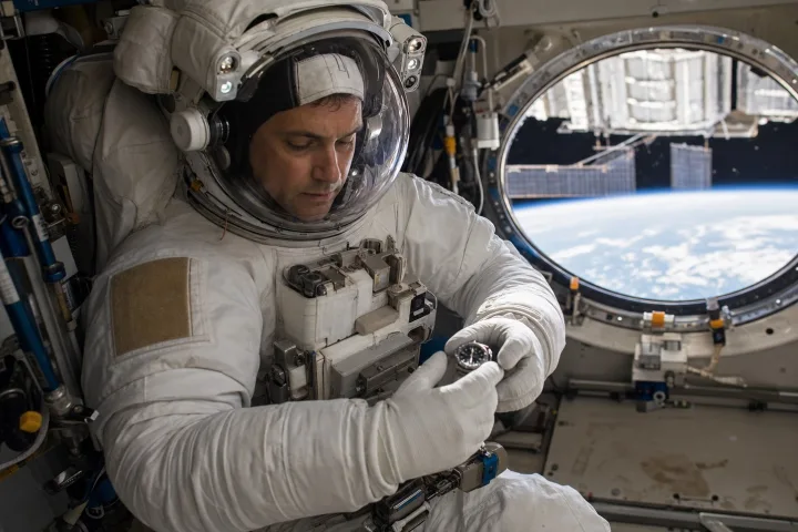 Astronauta a bordo della ISS durante la routine quotidiana, fotografico realistico