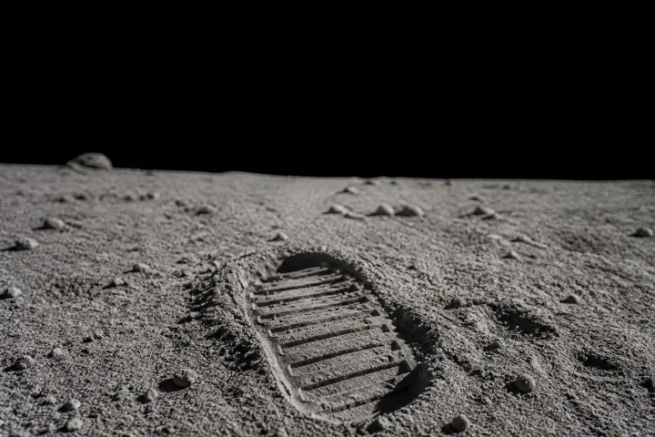 Superficie lunare con impronte di astronauta e cielo nero, immagine reale NASA