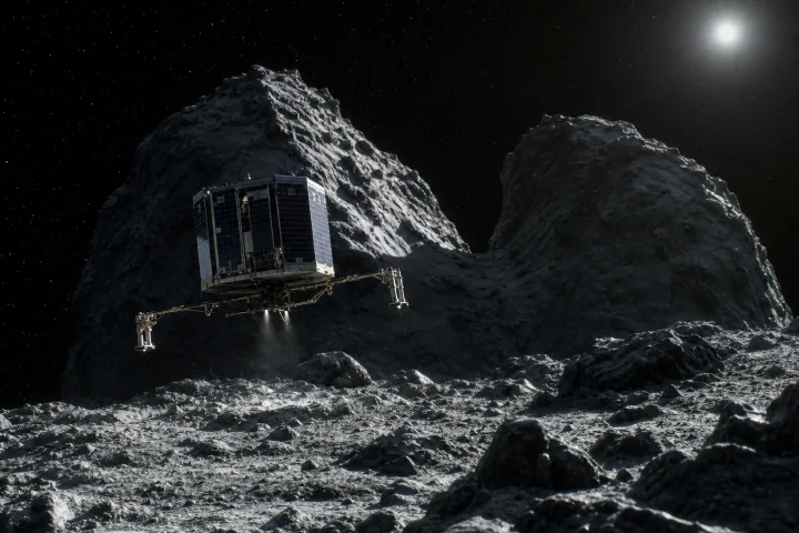 La sonda Rosetta in orbita intorno alla cometa 67P Churyumov-Gerasimenko, immagine scientifica ESA