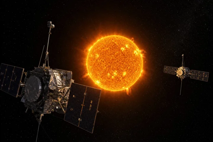 Rappresentazione scientifica delle sonde gemelle STEREO che osservano il Sole da due angolazioni diverse