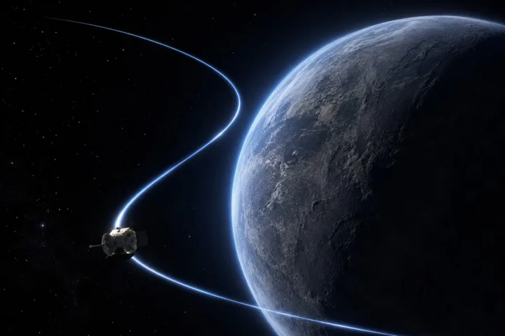 Diagramma scientifico della traiettoria curva di una sonda spaziale durante una manovra di assistenza gravitazionale attorno a un pianeta