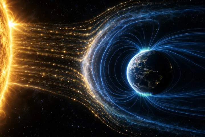 Rappresentazione scientifica del campo magnetico terrestre che devia il vento solare intorno al pianeta