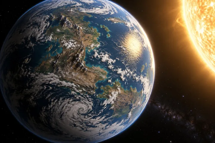 Rappresentazione scientifica di un pianeta con acqua liquida in superficie nella zona abitabile della sua stella